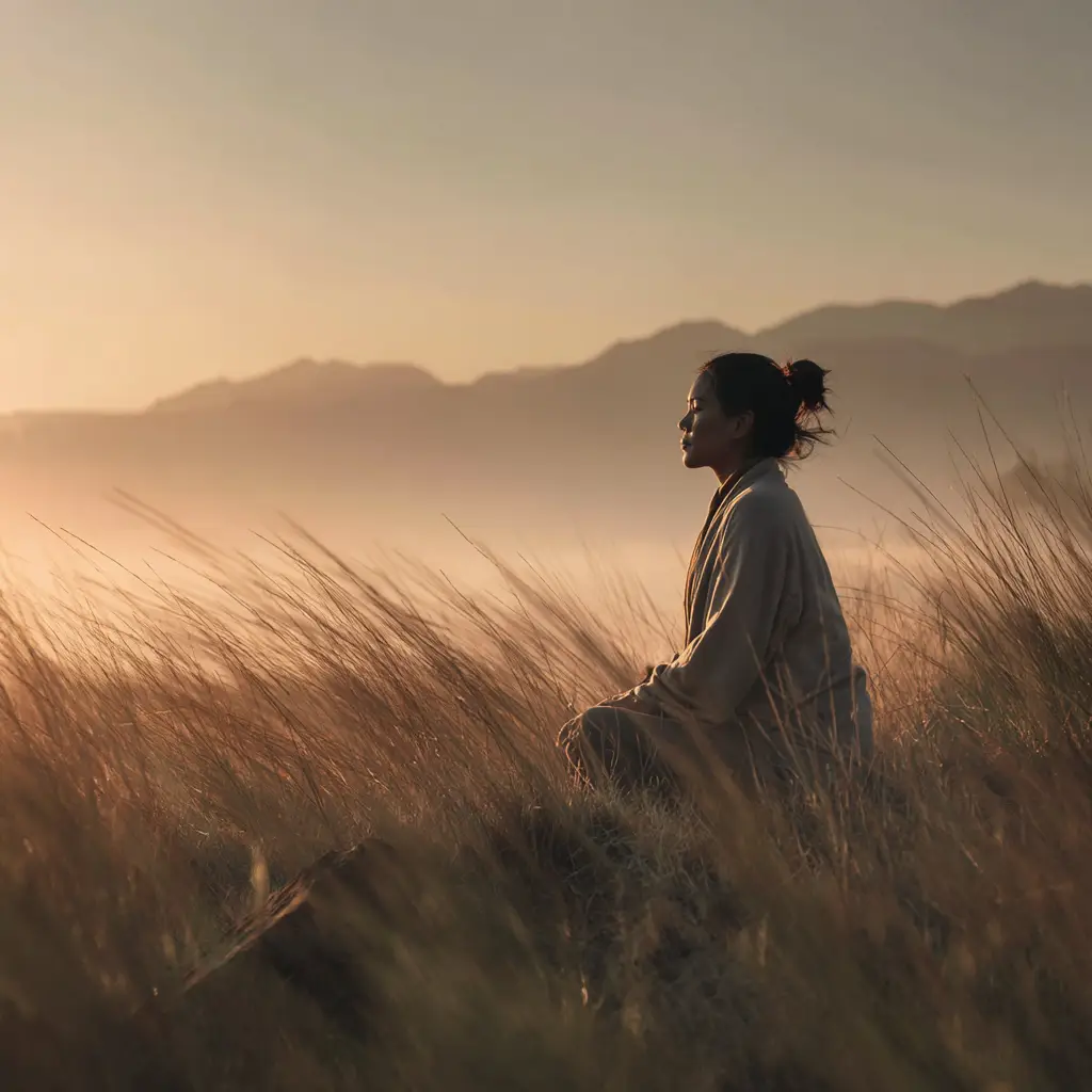 Peaceful Taoist breathing practice in natural setting