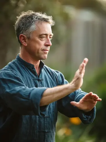 Qi Gong practitioner in meditative stance focusing on energy cultivation