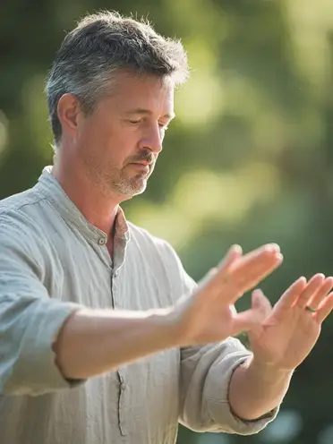 Student practicing Tai Chi movements in peaceful outdoor setting